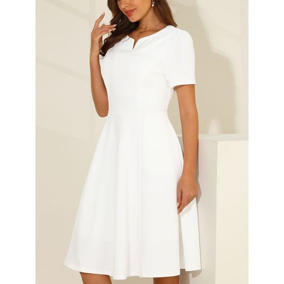 Women's Office Dresses with Pockets Split Neck Work A-Line Dress White - Picture 4 of 6